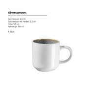 Weiße Keramiktasse mit Henkel und blau-grau glasierter Innenseite, freigestellt vor weißem Hintergrund, seitliche Ansicht leicht von oben; Maße: Ø 8,5 cm (mit Henkel 12,5 cm), Höhe 9,5 cm, 350 ml, 4 Stück