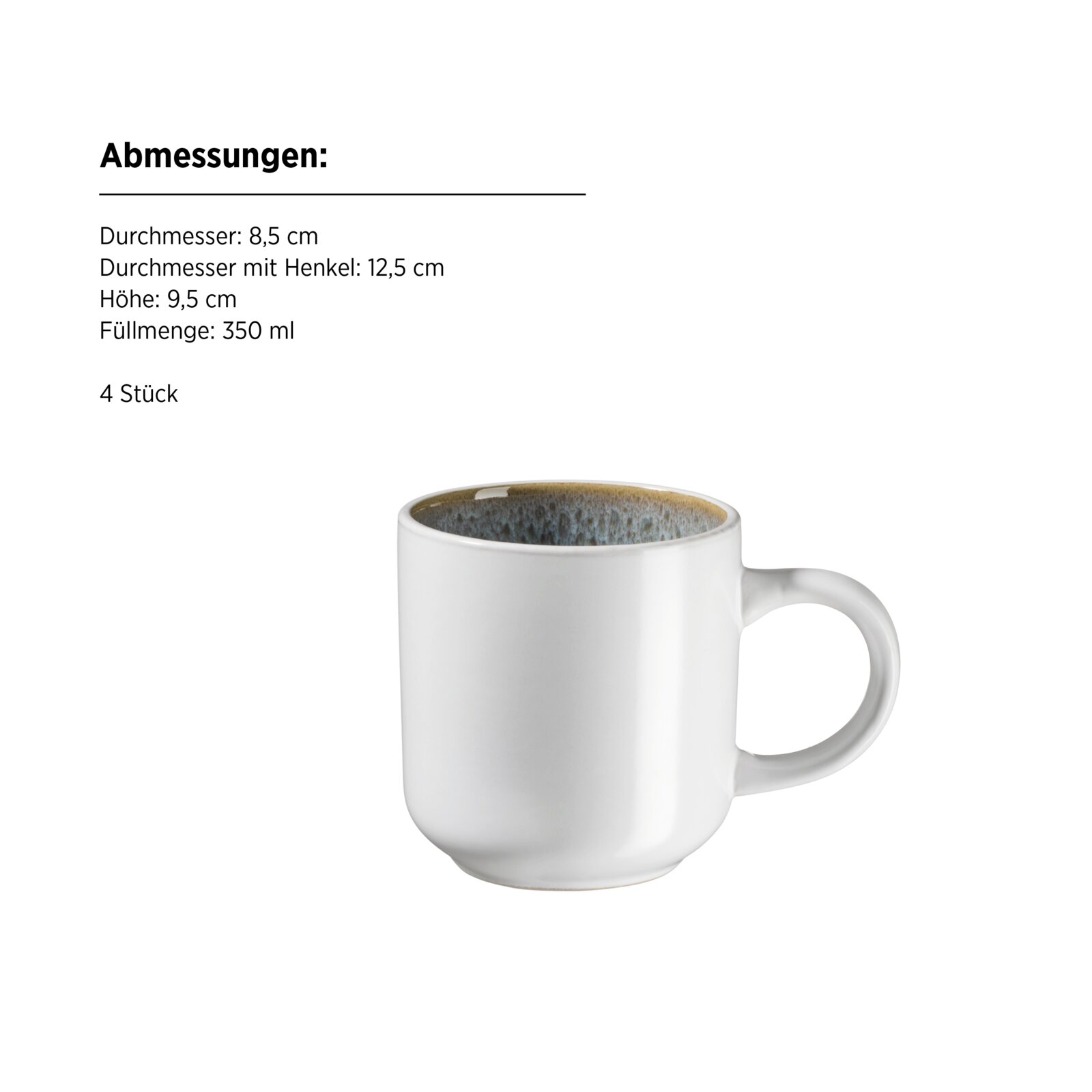 Weiße Keramiktasse mit Henkel und blau-grau glasierter Innenseite, freigestellt vor weißem Hintergrund, seitliche Ansicht leicht von oben; Maße: Ø 8,5 cm (mit Henkel 12,5 cm), Höhe 9,5 cm, 350 ml, 4 Stück