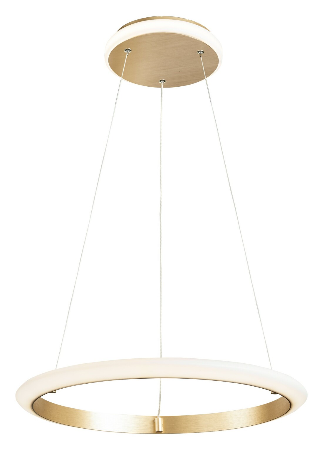 Moderne Pendelleuchte in goldener Optik, von unten fotografiert, mit kreisförmigem Design und drei Aufhängungen.