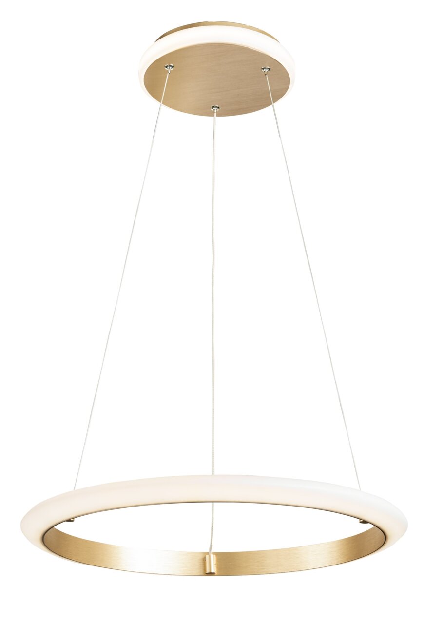 Moderne Pendelleuchte in goldener Optik, von unten fotografiert, mit kreisförmigem Design und drei Aufhängungen.