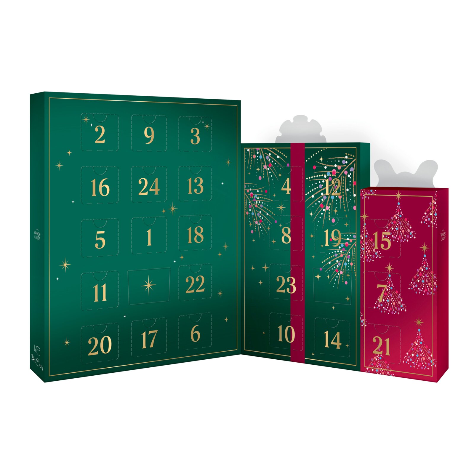 Yankee Candle adventskalender met 24 genummerde vakjes in donkergroene en bordeauxrode geschenkdozen met gouden feestdecoratie, schuin van voren weergegeven.