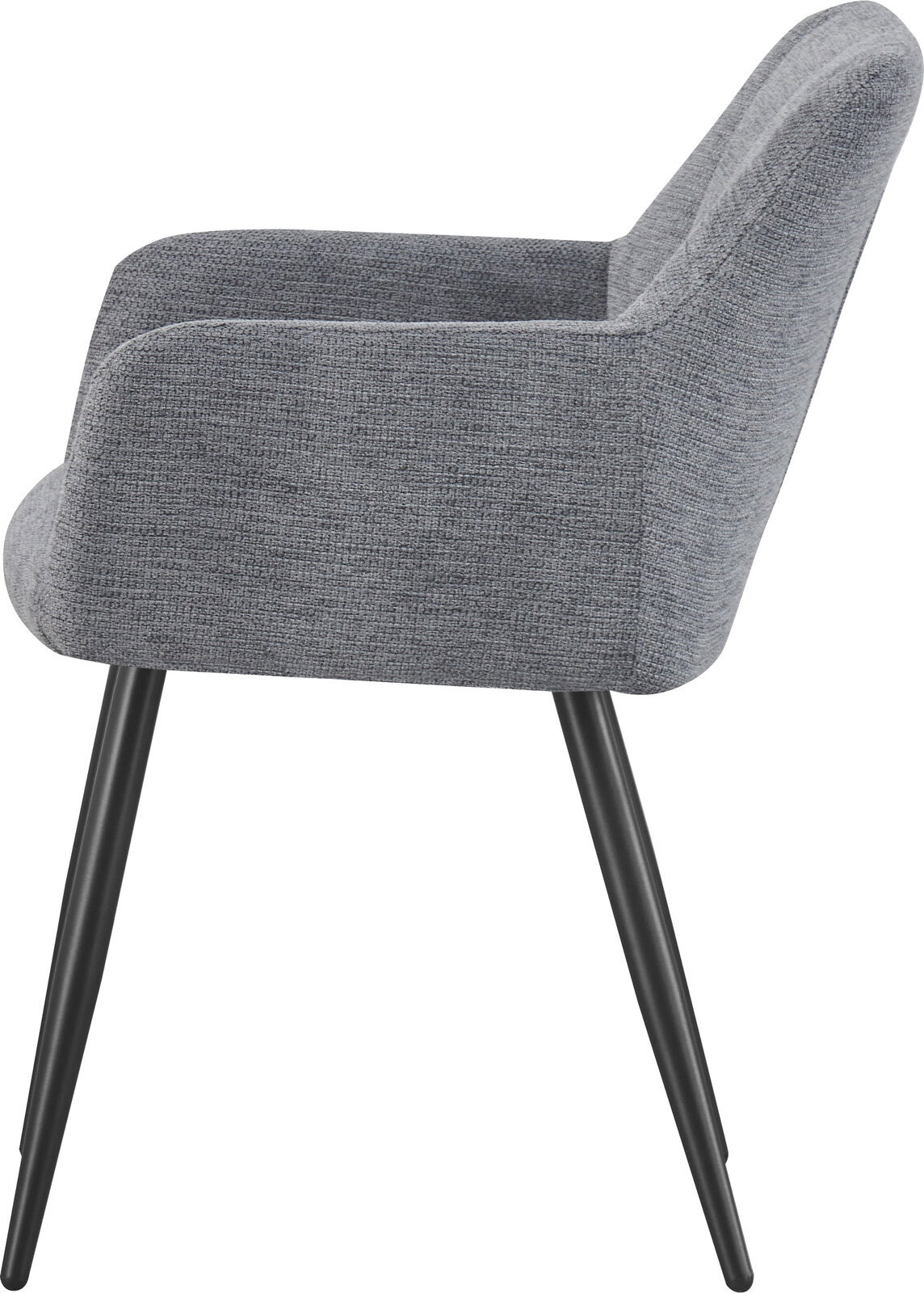 Grauer, gepolsterter Polsterstuhl mit Armlehnen und schwarzen Metallbeinen, Seitenansicht von links auf weißem Hintergrund