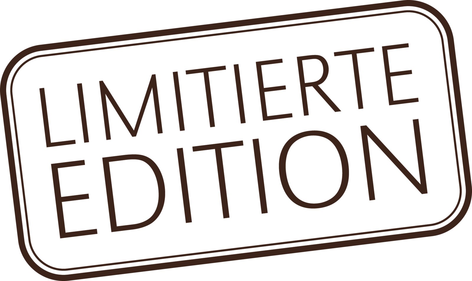 Schild mit der Aufschrift 'Limitierte Edition' in brauner Schrift auf weißem Hintergrund, schräg von oben betrachtet.