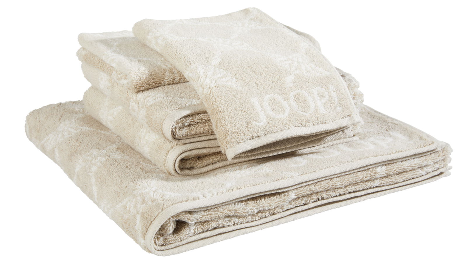 Beiges Frottierset von JOOP! mit Kornblumenmuster, bestehend aus fünf Teilen, gestapelt in seitlicher Perspektive.