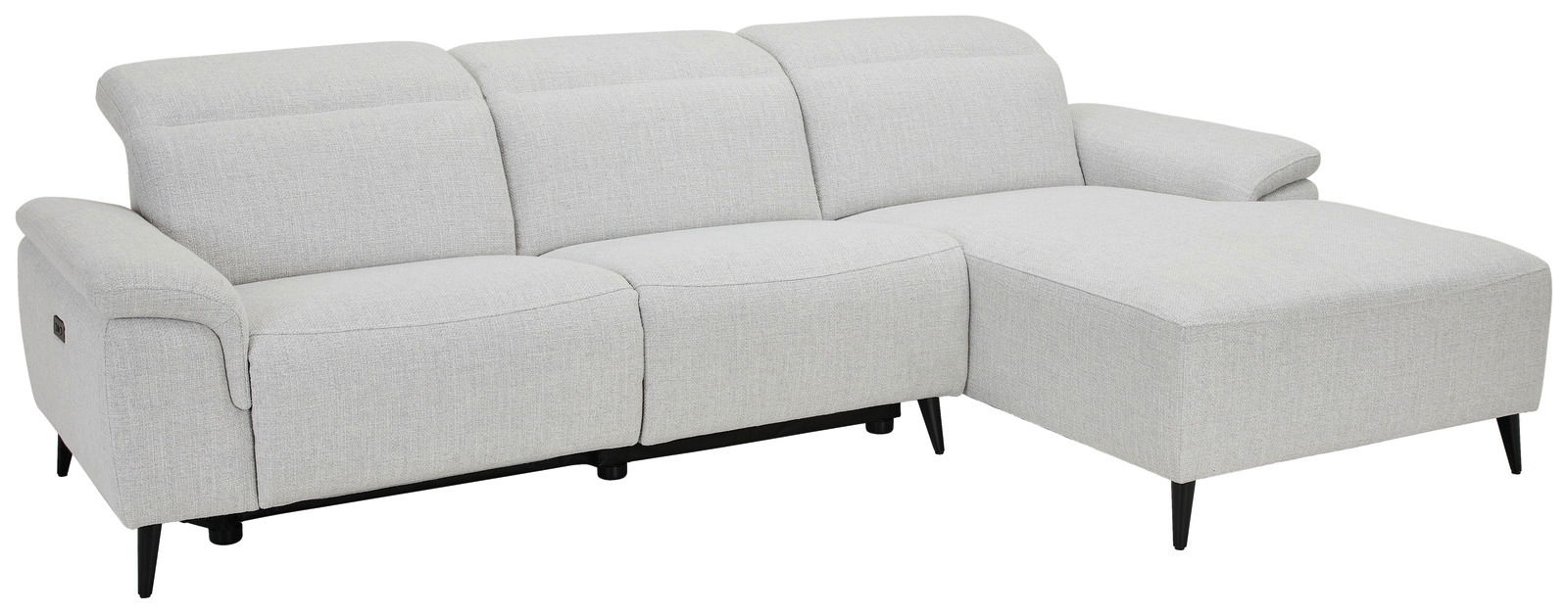 Helle Longchairkombination in Frontalansicht mit drei Sitzplätzen und einer verlängerten Liegefläche auf der rechten Seite.