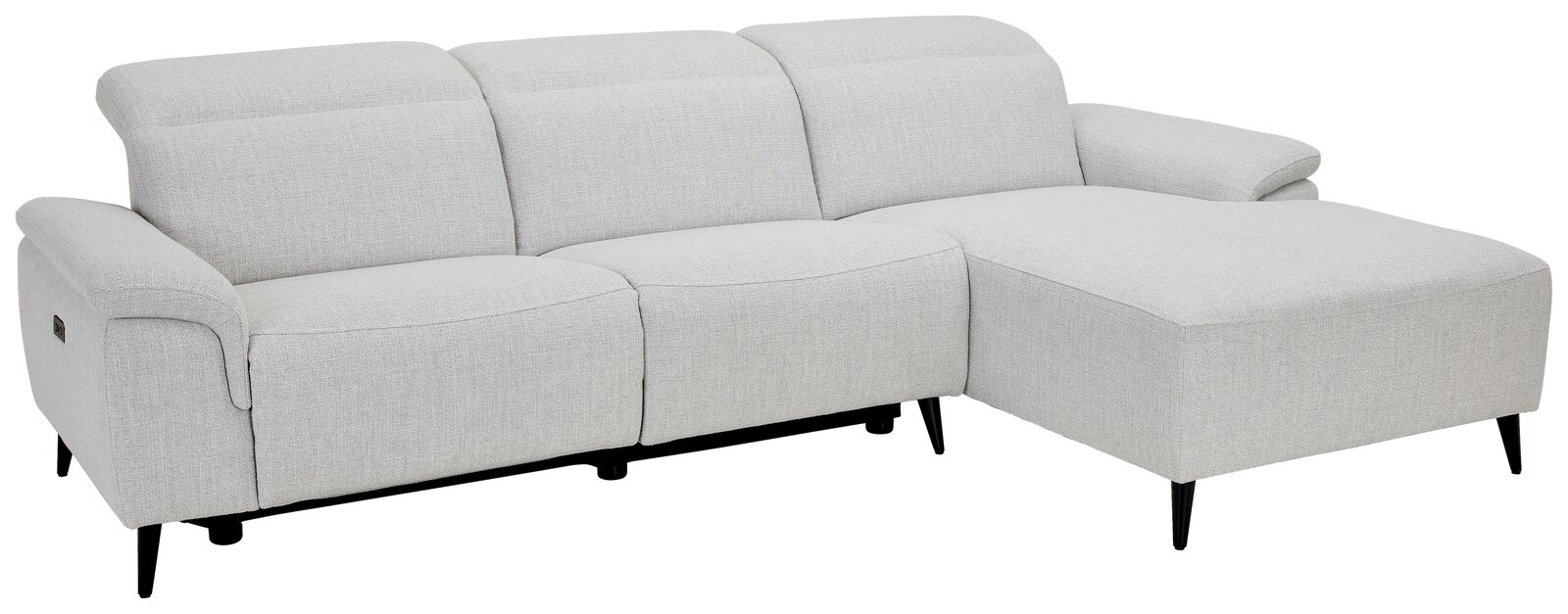 Helle Longchairkombination in Frontalansicht mit drei Sitzplätzen und einer verlängerten Liegefläche auf der rechten Seite.