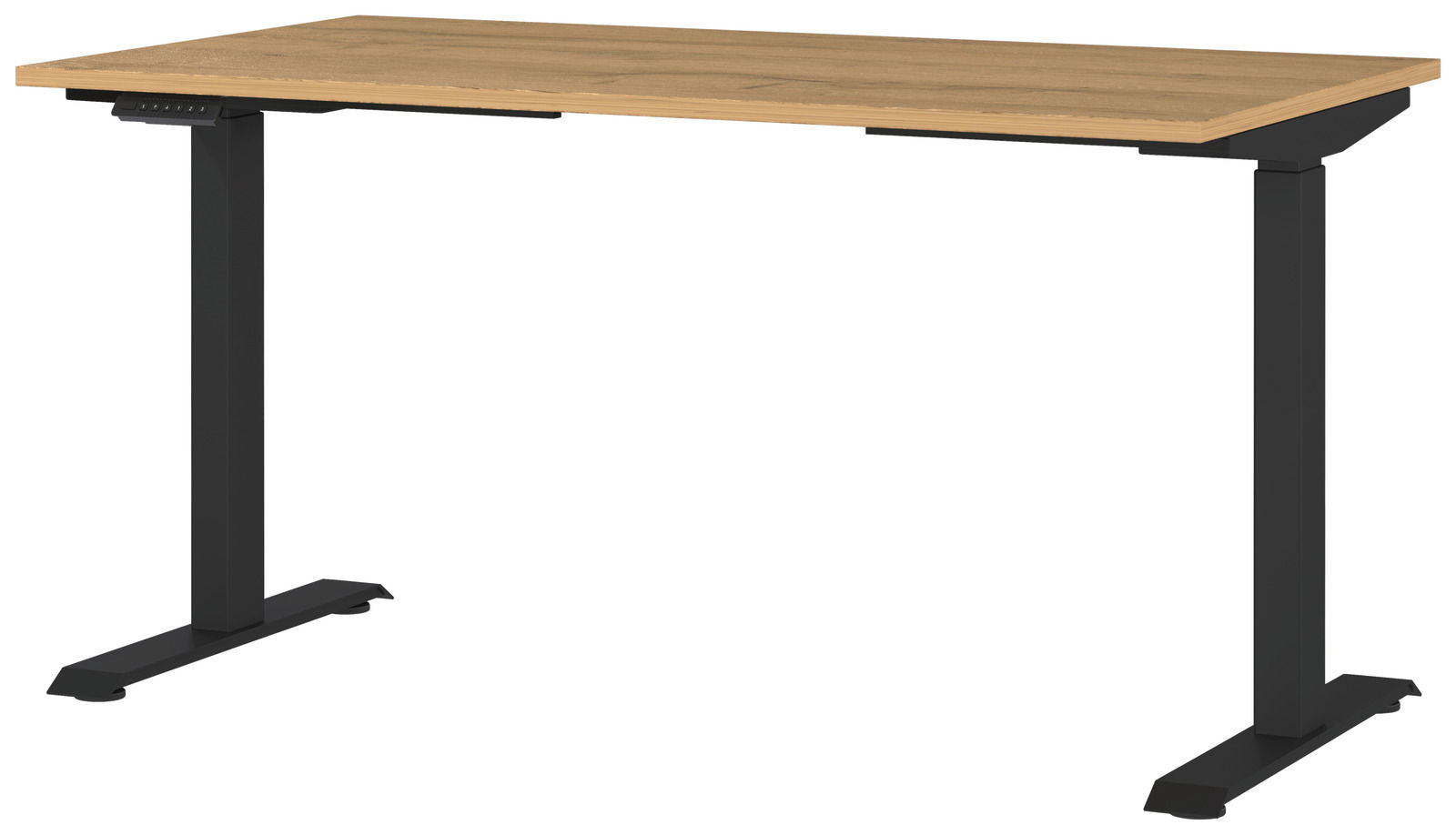 Elektrisch höhenverstellbarer Schreibtisch mit Holzplatte und schwarzen Metallbeinen, seitliche Perspektive