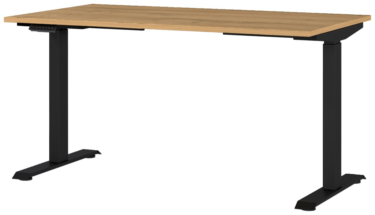 Elektrisch höhenverstellbarer Schreibtisch mit Holzplatte und schwarzen Metallbeinen, seitliche Perspektive