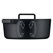 Schwarzer ovaler Bräter WMF Flavour 33x26cm, seitliche Ansicht mit Deckelgriff sichtbar.