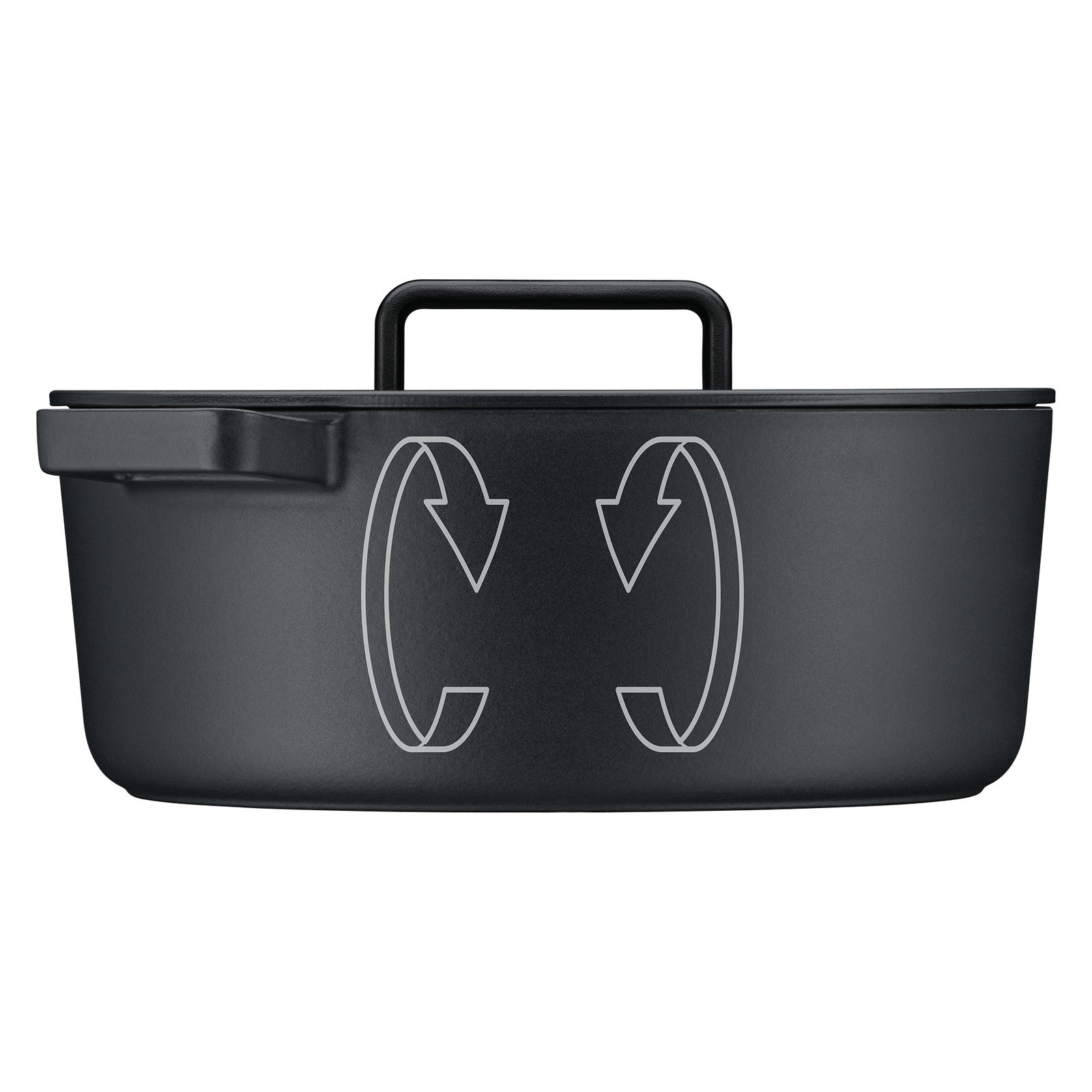 Schwarzer ovaler Bräter WMF Flavour 33x26cm, seitliche Ansicht mit Deckelgriff sichtbar.