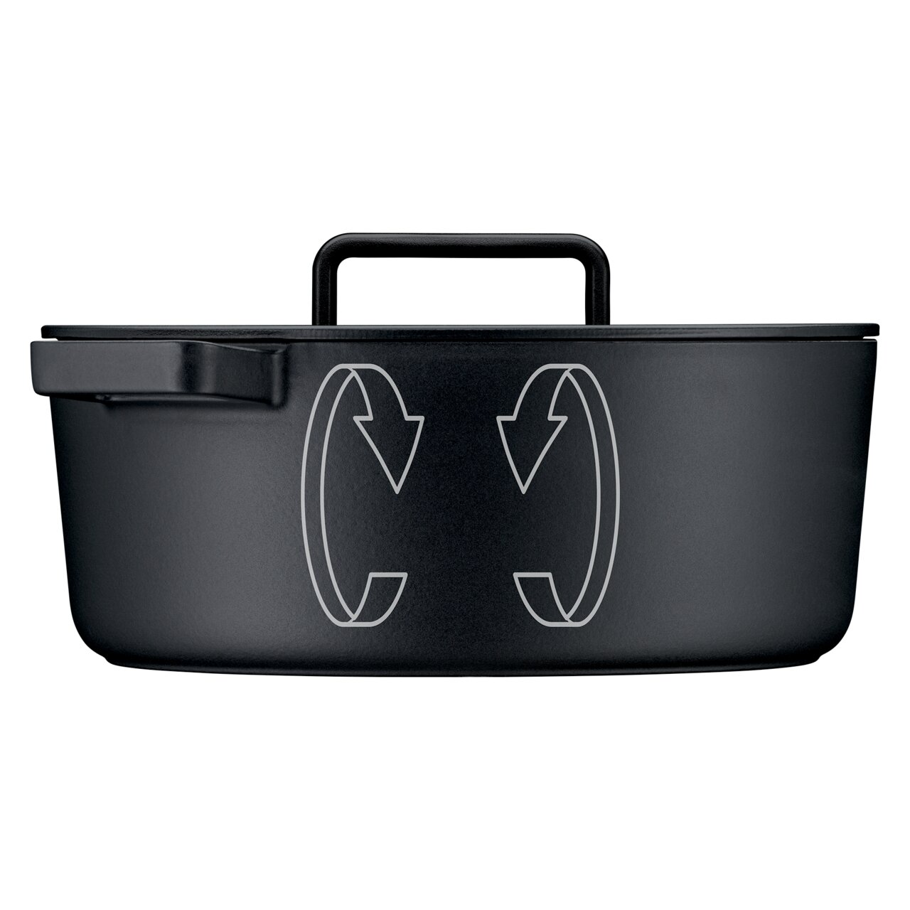 Zwarte ovale braadpan WMF Flavour 33x26 cm, zijaanzicht met zichtbare handgreep op het deksel.