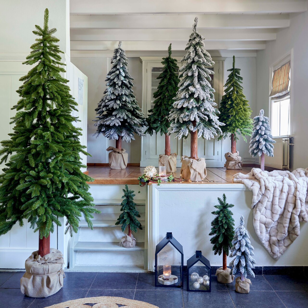 Verschiedene künstliche Tannenbäume in einem Raum, einige mit Schnee bedeckt, in unterschiedlichen Größen aufgestellt. Perspektive von vorne.