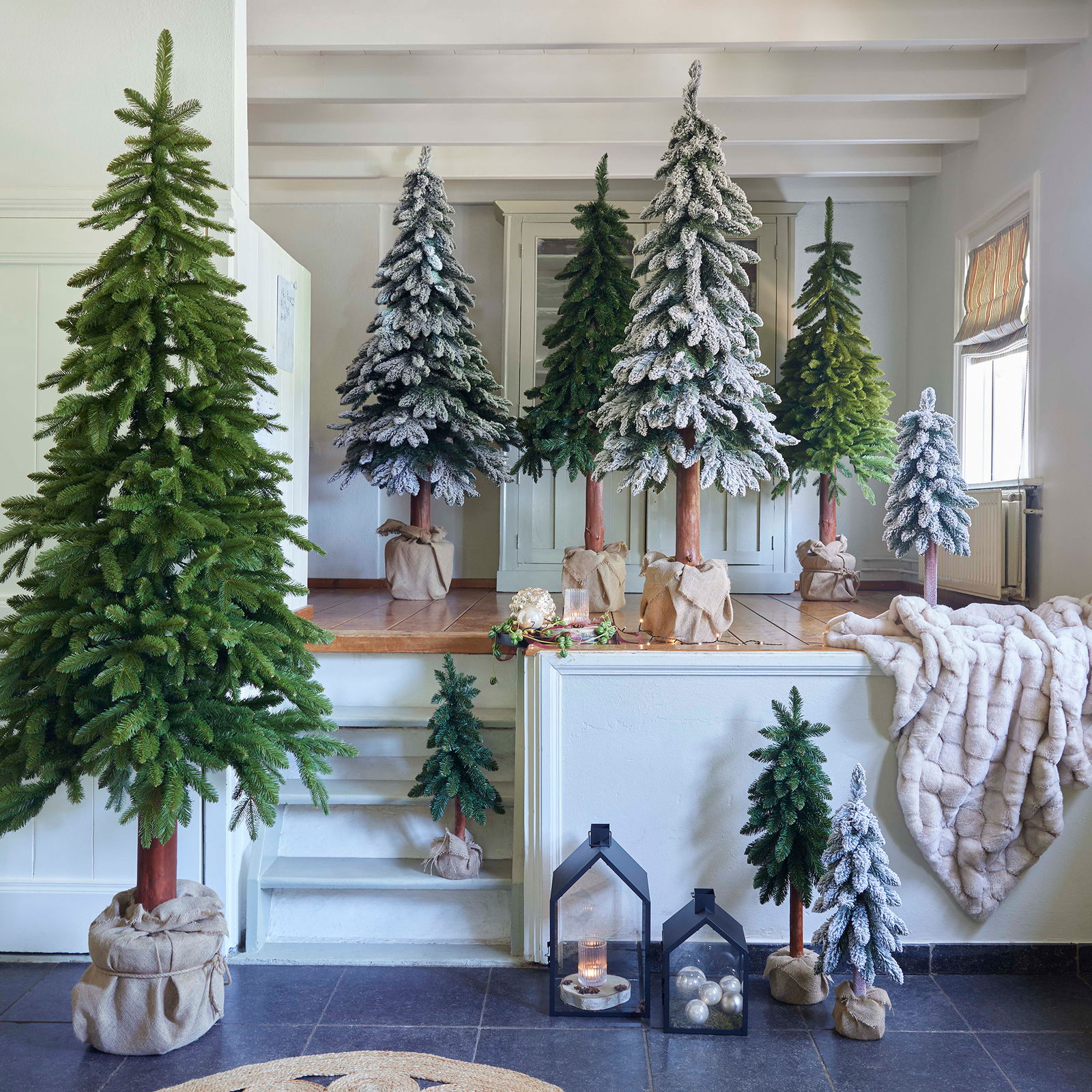 Verschiedene künstliche Tannenbäume in einem Raum, einige mit Schnee bedeckt, in unterschiedlichen Größen aufgestellt. Perspektive von vorne.