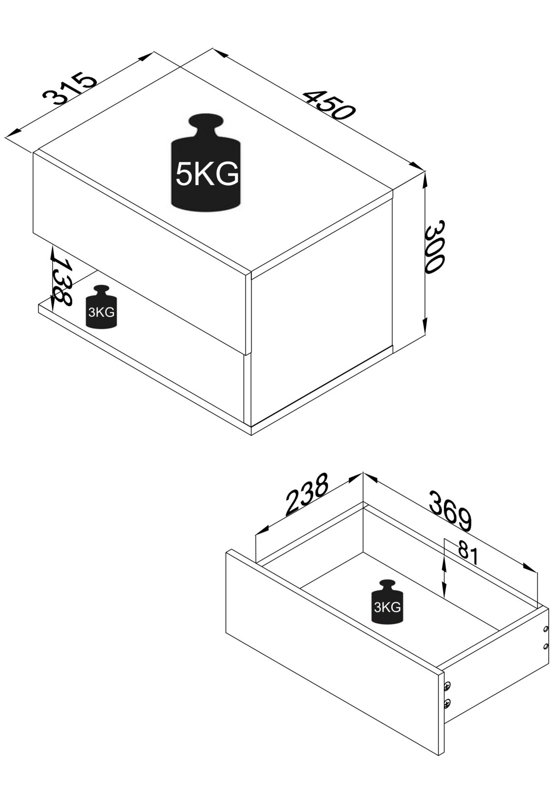 Isometrische technische Zeichnung eines rechteckigen Schubkastens/Box mit Maßen ca. 450 × 315 × 300 mm, Belastungsangaben 5 kg oben und 3 kg im Auszug, inkl. Innenmaße (ca. 369 × 238 × 81 mm) – Ansicht schräg von oben.