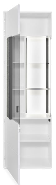 Vitrine links mit geöffneter Glastür, seitliche Perspektive