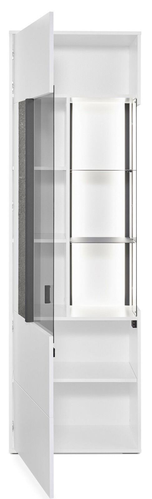 Vitrine links mit geöffneter Glastür, seitliche Perspektive