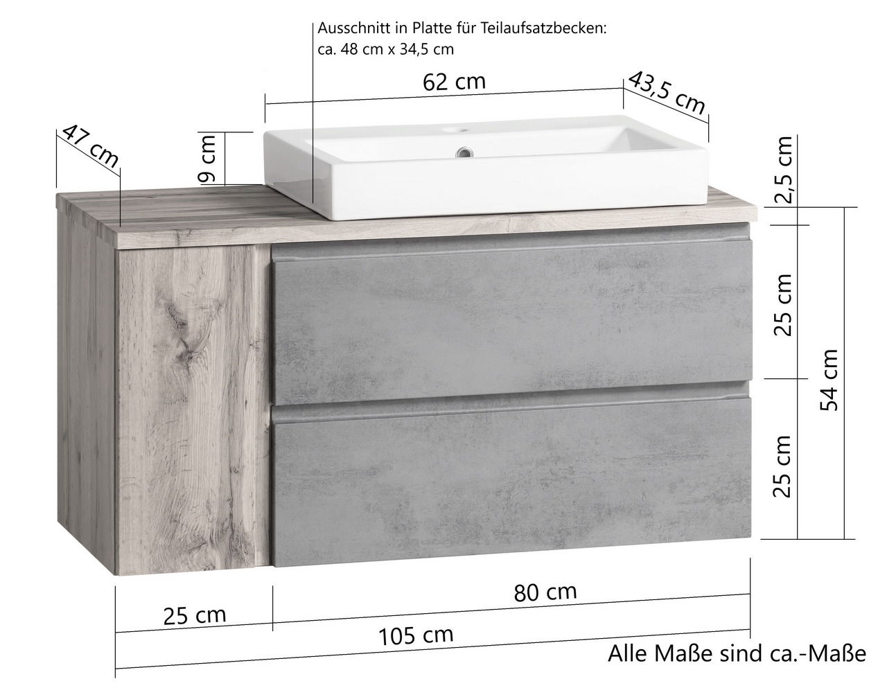 Waschtisch-Set 105 cm mit modernem Design, bestehend aus einem rechteckigen Waschbecken und einem Unterschrank in Holzoptik und grauer Front. Frontalansicht.