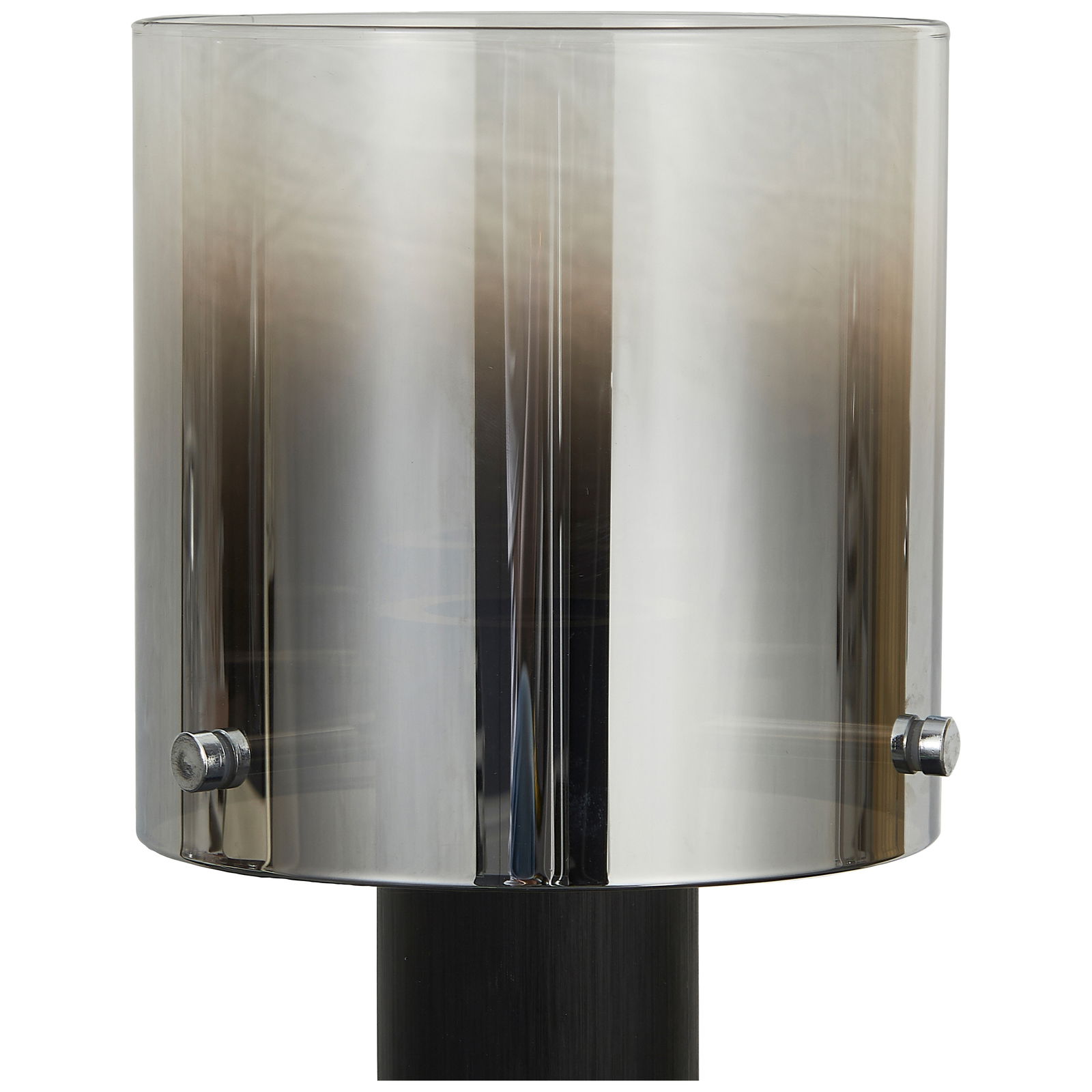 Moderne Tischleuchte mit zylindrischem, rauchgrauem Glasschirm, frontal betrachtet.