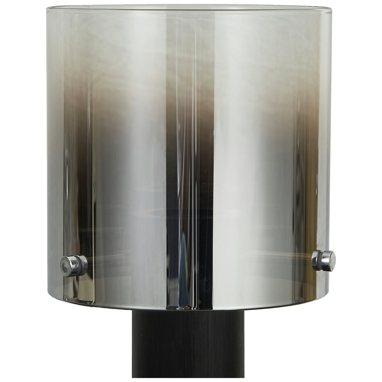 Moderne Tischleuchte mit zylindrischem, rauchgrauem Glasschirm, frontal betrachtet.