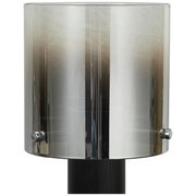 Moderne Tischleuchte mit zylindrischem, rauchgrauem Glasschirm, frontal betrachtet.