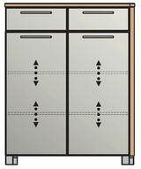 Frontansicht einer modernen Schuhkommode mit zwei Schubladen und zwei großen Fächern, graue Front mit schwarzen Griffen.