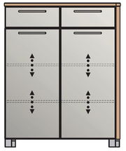 Frontansicht einer modernen Schuhkommode mit zwei Schubladen und zwei großen Fächern, graue Front mit schwarzen Griffen.