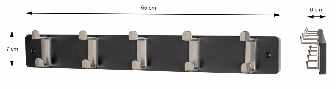 Garderobenleiste mit fünf Haken, schwarz mit silbernen Haken, Vorder- und Seitenansicht, Maße: 55 cm breit, 7 cm hoch, 6 cm tief