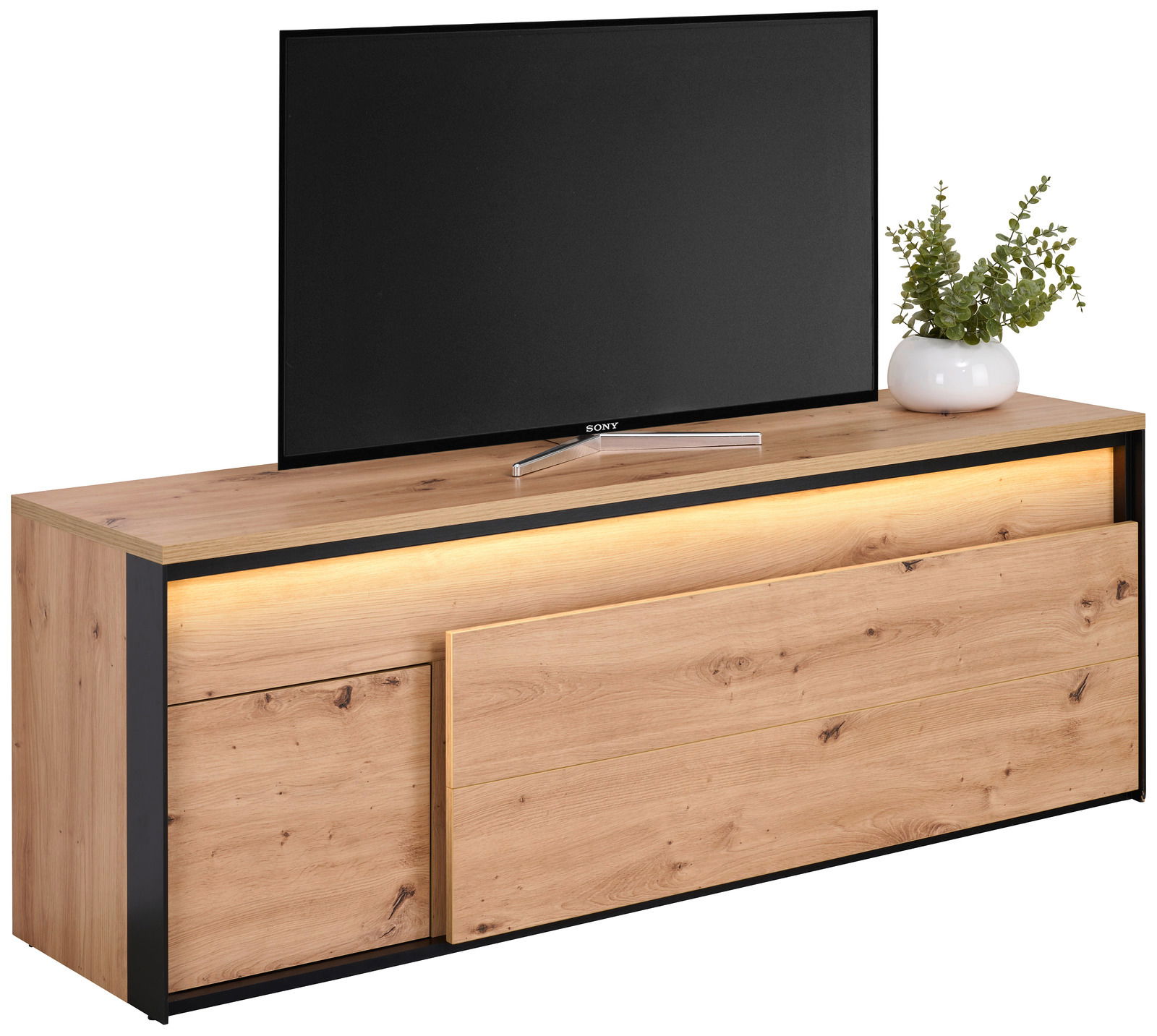Hom´in TV-Lowboard TV-Lowboard aus Holz mit schwarzem Rahmen, LED-Beleuchtung und Dekoration, seitliche Perspektive