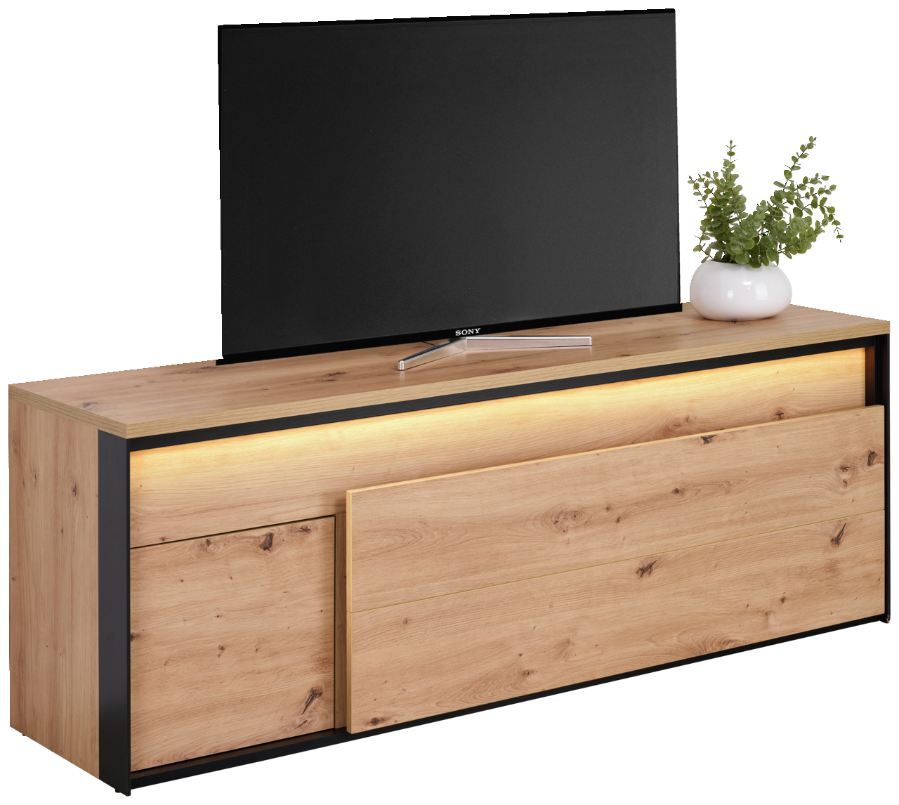 Hom´in TV-Lowboard TV-Lowboard aus Holz mit schwarzem Rahmen, LED-Beleuchtung und Dekoration, seitliche Perspektive