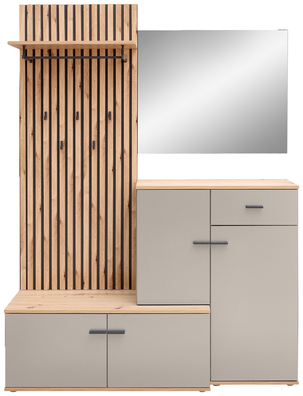 Kompaktgarderobe mit Holz- und Metallelementen, Spiegel und Stauraum, frontale Ansicht