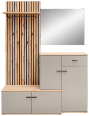 Kompaktgarderobe mit Holz- und Metallelementen, Spiegel und Stauraum, frontale Ansicht