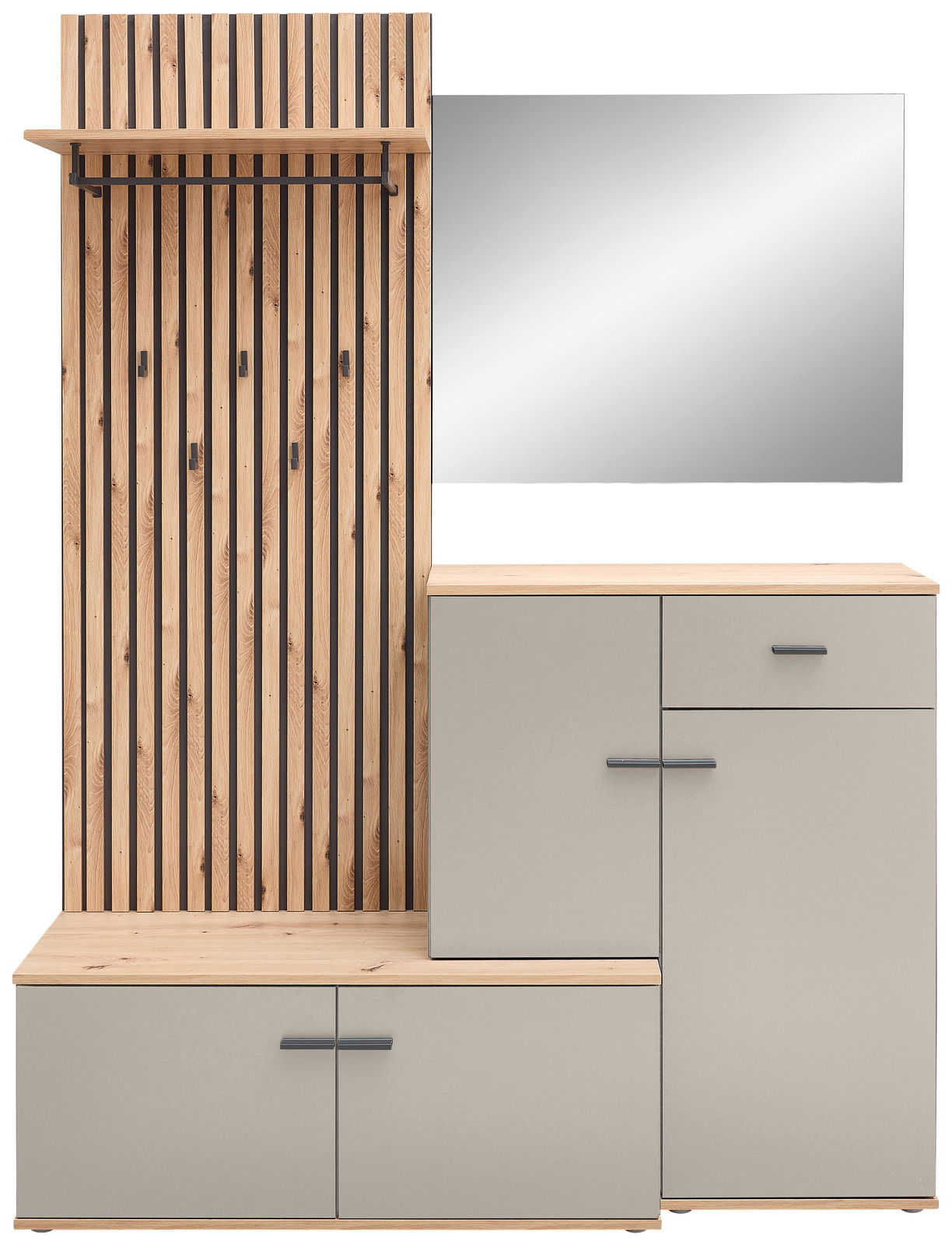 Kompaktgarderobe mit Holz- und Metallelementen, Spiegel und Stauraum, frontale Ansicht