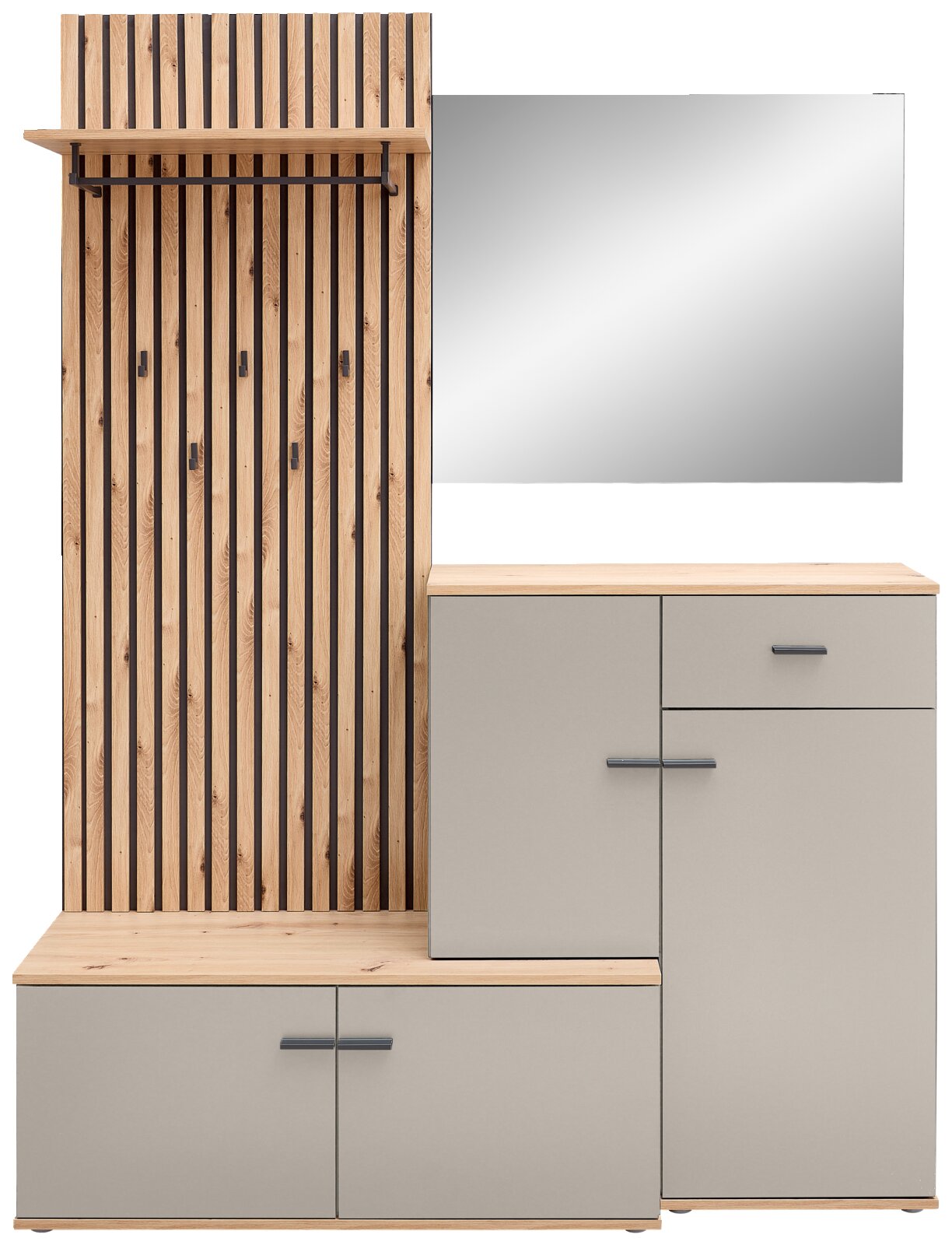 Kompaktgarderobe mit Holz- und Metallelementen, Spiegel und Stauraum, frontale Ansicht