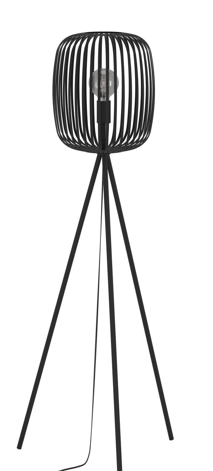 Eglo Leuchten Stehleuchte ROMAZZINA Moderne Stehleuchte ROMAZZINA mit schwarzem, dreibeinigem Gestell und offenem Lampenschirm aus Metallstreben, seitliche Perspektive.