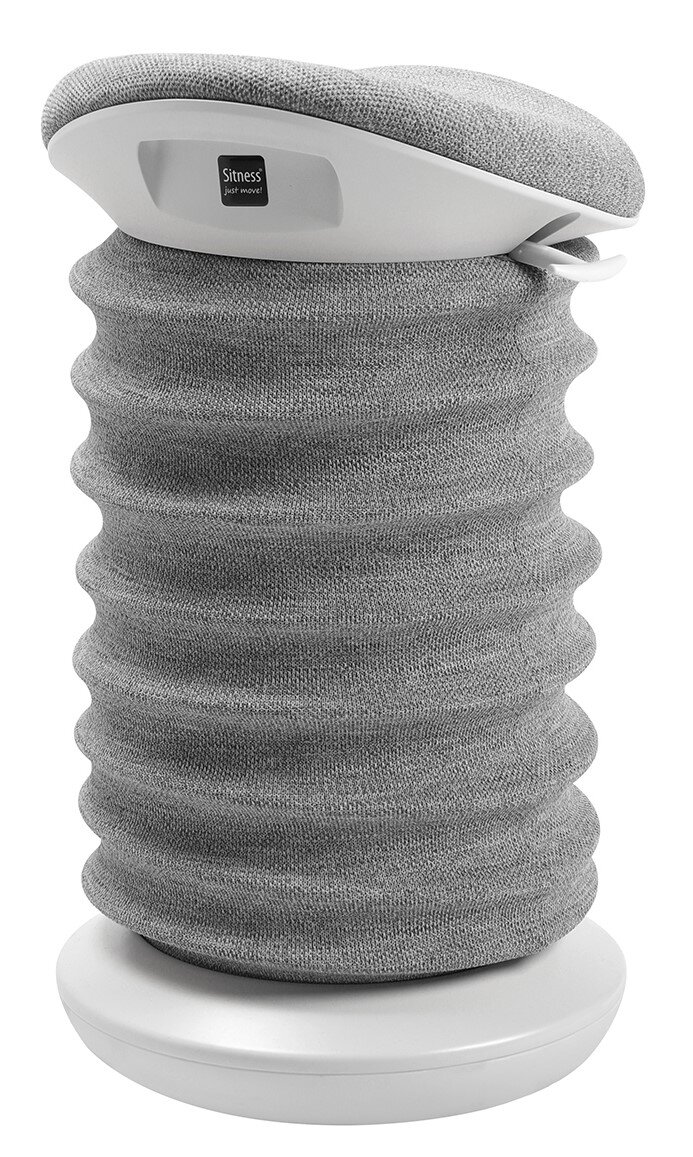 Grauer Aktiv-Sitzhocker mit wellenförmigem Design, seitliche Perspektive