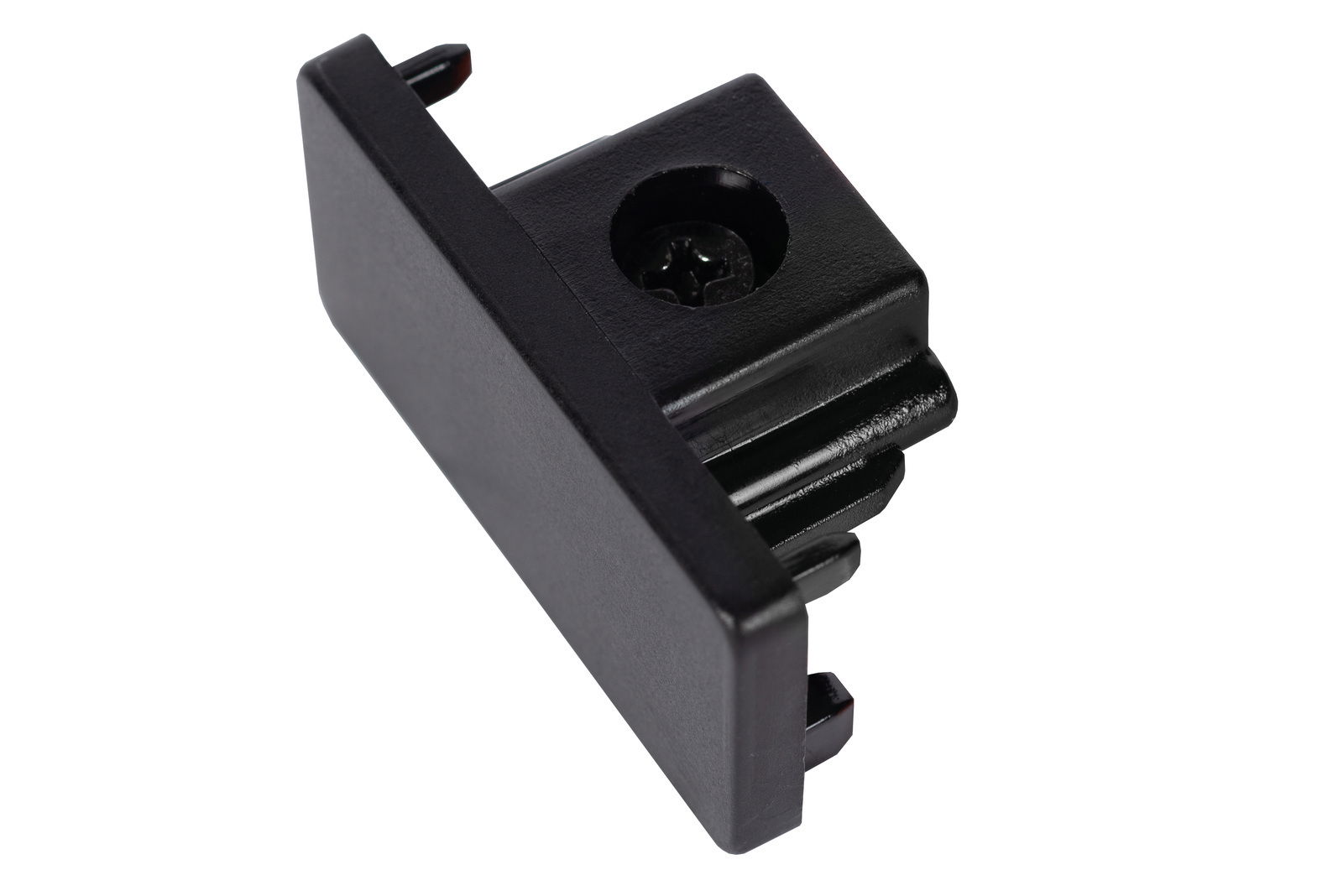 Schwarze Endkappe für Schienensystem, seitliche Perspektive