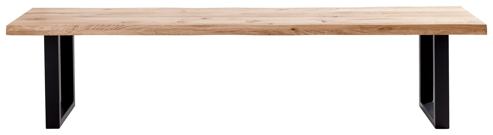 Holzbank mit Metallbeinen, frontal betrachtet