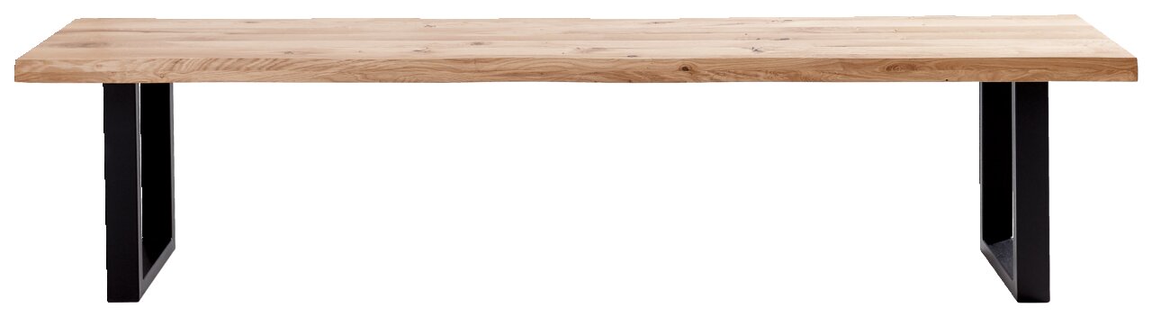 Holzbank mit Metallbeinen, frontal betrachtet