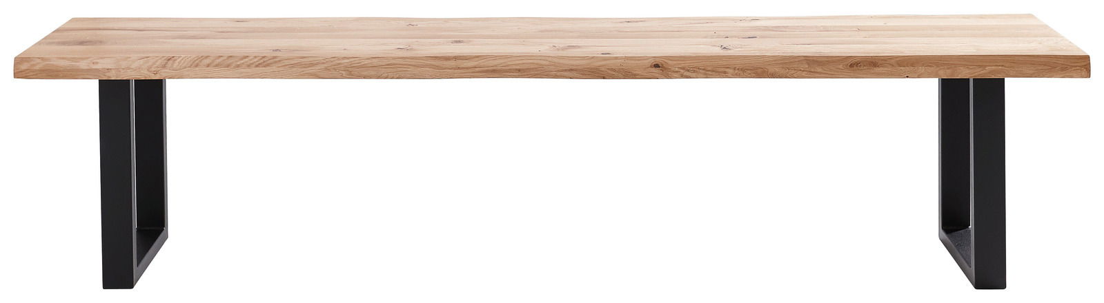 Holzbank mit Metallbeinen, frontal betrachtet