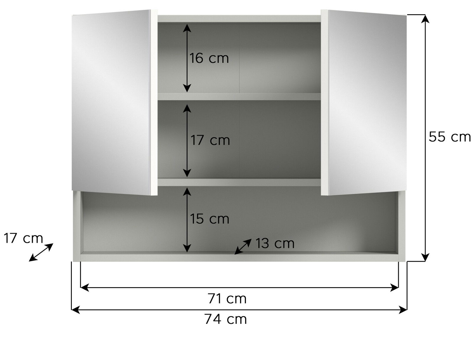 Spiegelschrank mit zwei offenen Türen, drei Fächern und den Maßen 74 cm Breite, 55 cm Höhe und 17 cm Tiefe, frontale Ansicht.