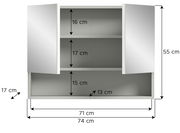 Spiegelschrank mit zwei offenen Türen, drei Fächern und den Maßen 74 cm Breite, 55 cm Höhe und 17 cm Tiefe, frontale Ansicht.