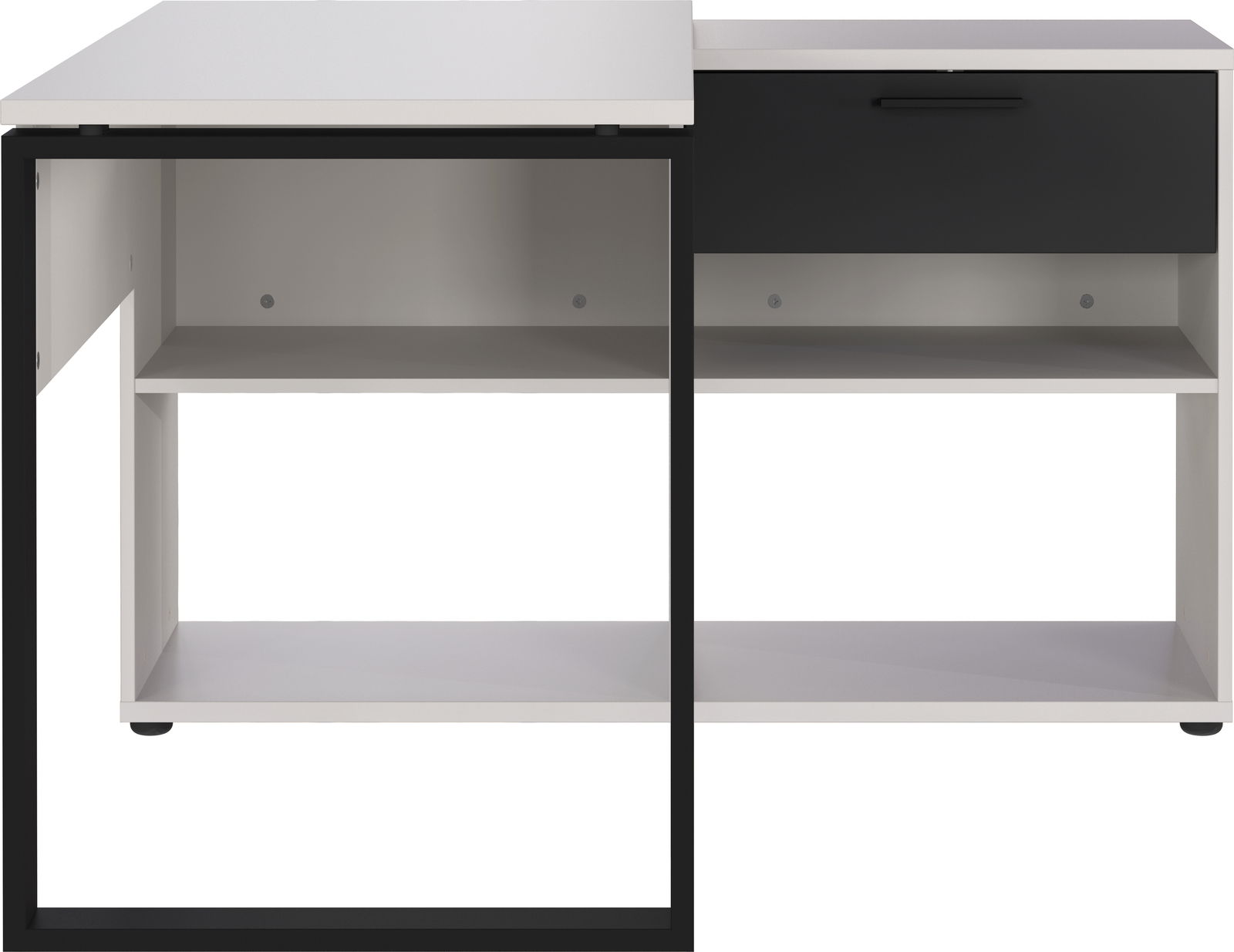 Moderner Winkelschreibtisch in Schwarz und Weiß mit Schublade und Regalfächern, Frontalansicht.