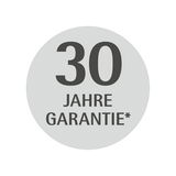Rundes Siegel mit der Aufschrift '30 Jahre Garantie' in schwarzer Schrift auf grauem Hintergrund, frontal betrachtet.