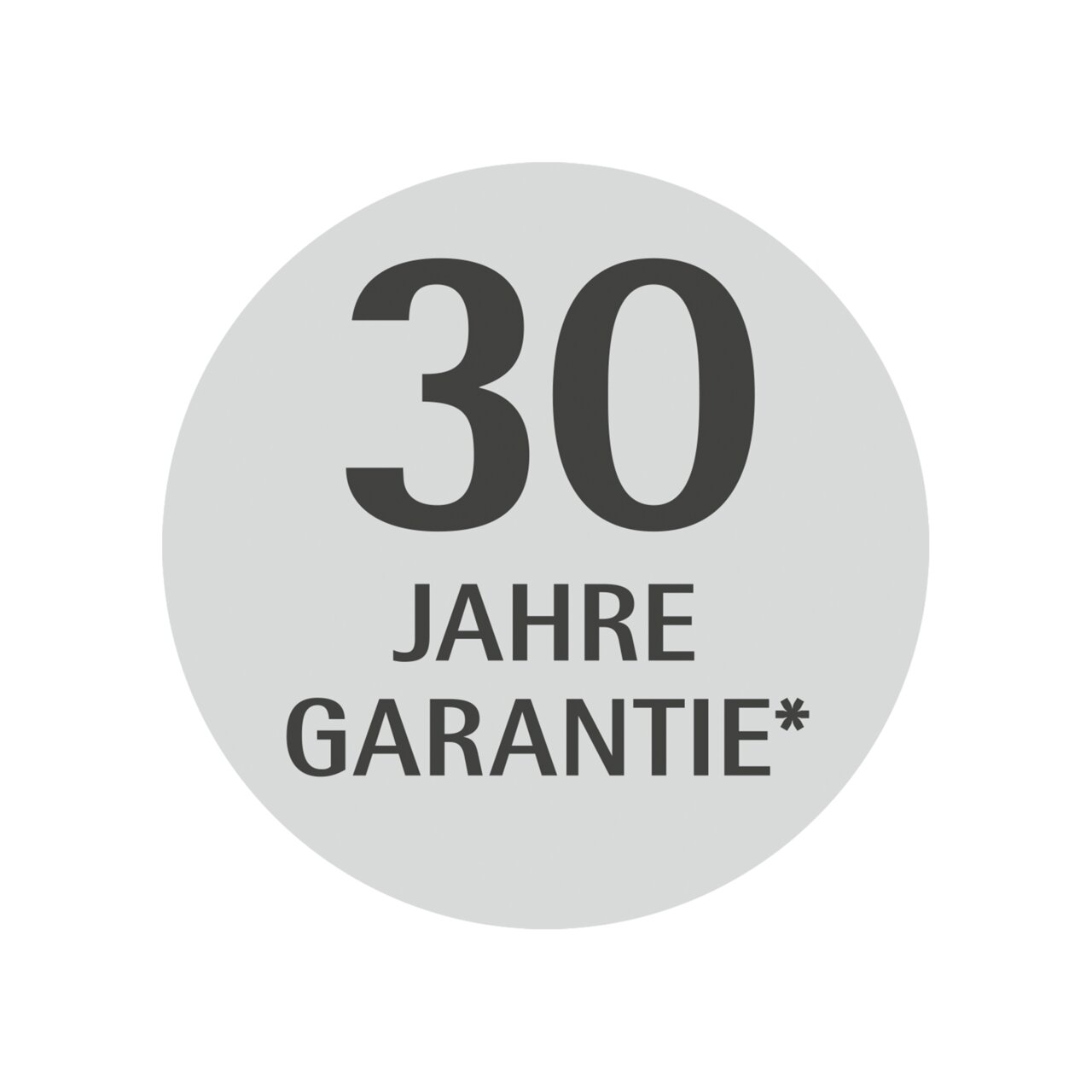 Rond zegel met het opschrift '30 jaar garantie' in zwarte letters op een grijze achtergrond, gezien van voren.