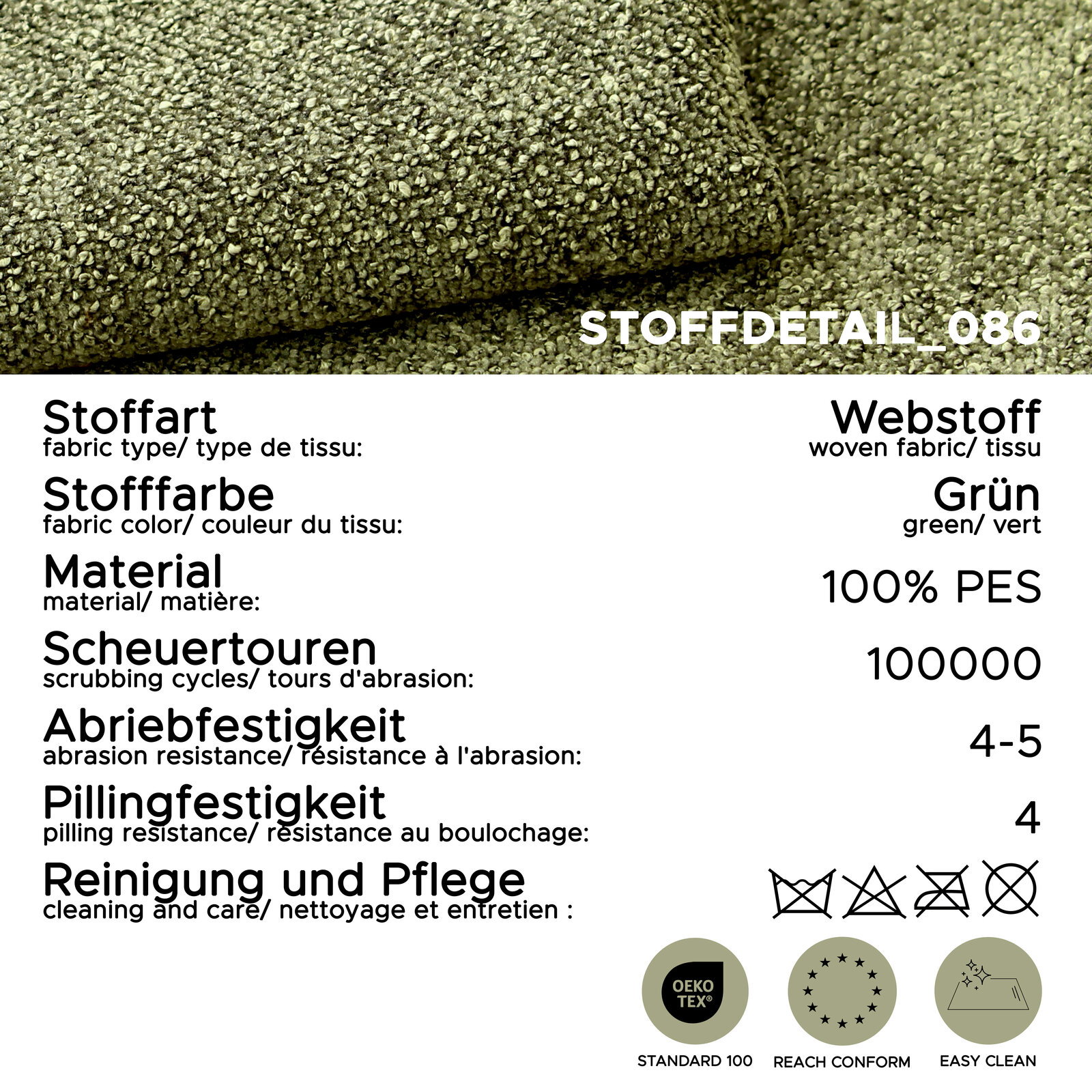 Grüner Webstoff aus 100% PES (Polyester) mit grober Struktur, Stoffdetail in Nahaufnahme von oben; Angaben: 100000 Scheuertouren, Abriebfestigkeit 4–5, Pillingfestigkeit 4, OEKO-TEX Standard 100, REACH-konform, Easy Clean.