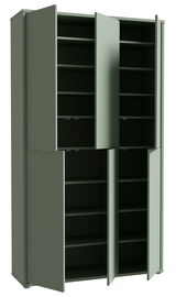 Grüner XXL-Schuhschrank mit sechs Türen, teilweise geöffnet, aus frontaler Perspektive