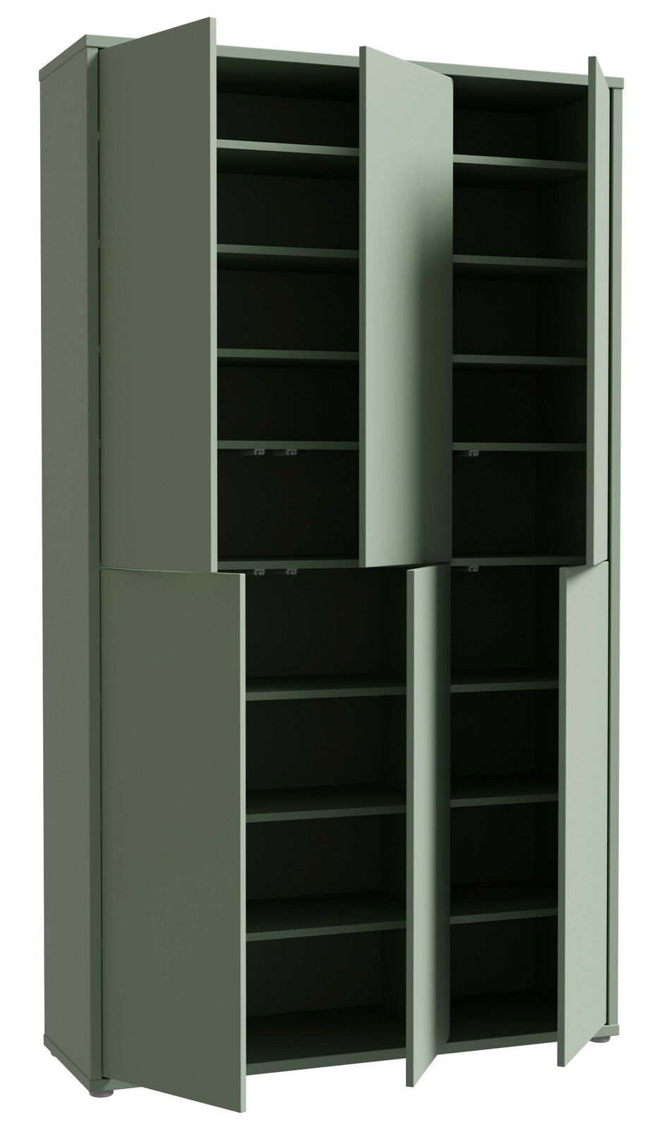 Grüner XXL-Schuhschrank mit sechs Türen, teilweise geöffnet, aus frontaler Perspektive