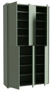 Grüner XXL-Schuhschrank mit sechs Türen, teilweise geöffnet, aus frontaler Perspektive