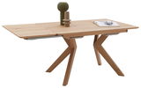 Moderner Esstisch aus Holz mit erweiterbarer Tischplatte und stilvollen, geometrischen Beinen, seitliche Perspektive