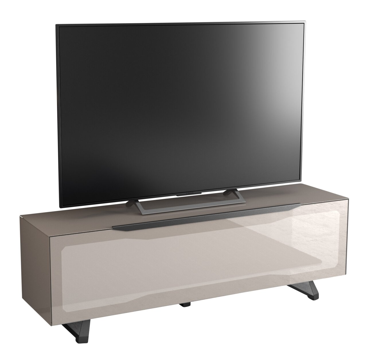 TV-Lowboard in moderner Optik mit einem Flachbildfernseher darauf, seitliche Perspektive